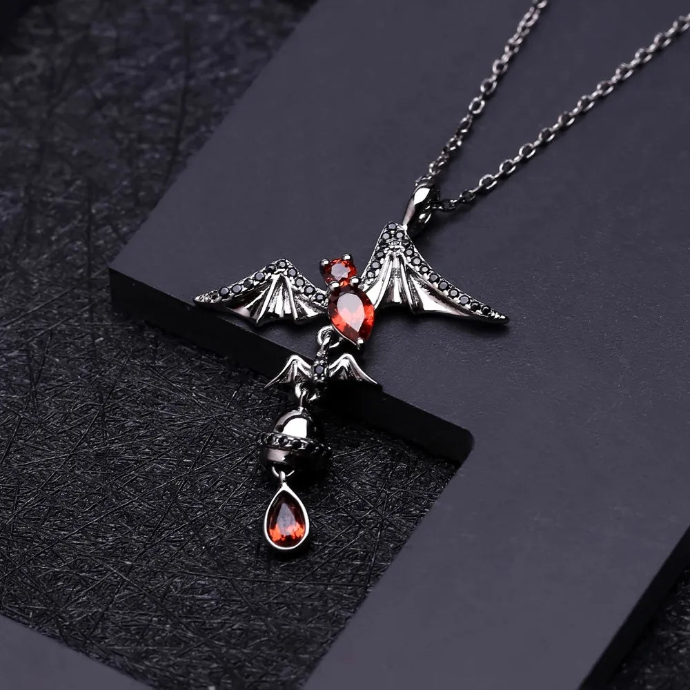 GEM'S BALLET 925 Sterling Sliver Bat Shape Natural Garnet Gemstone Vintage Gothic Punk Pendant Necklace For Women Party Jewelry