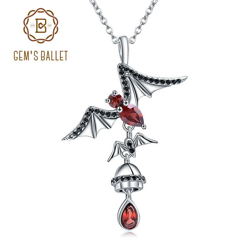 GEM'S BALLET 925 Sterling Sliver Bat Shape Natural Garnet Gemstone Vintage Gothic Punk Pendant Necklace For Women Party Jewelry
