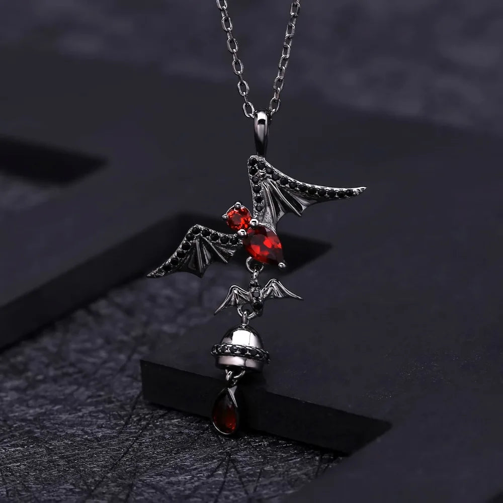 GEM'S BALLET 925 Sterling Sliver Bat Shape Natural Garnet Gemstone Vintage Gothic Punk Pendant Necklace For Women Party Jewelry