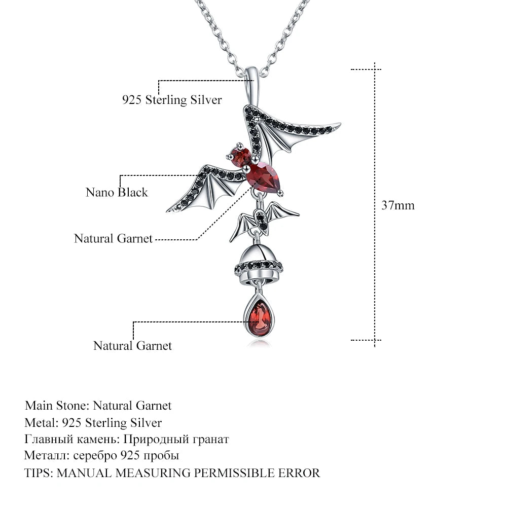 GEM'S BALLET 925 Sterling Sliver Bat Shape Natural Garnet Gemstone Vintage Gothic Punk Pendant Necklace For Women Party Jewelry