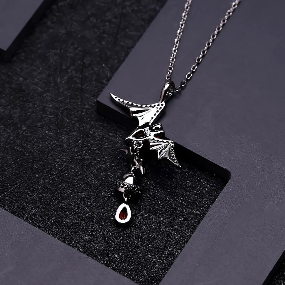 GEM'S BALLET 925 Sterling Sliver Bat Shape Natural Garnet Gemstone Vintage Gothic Punk Pendant Necklace For Women Party Jewelry