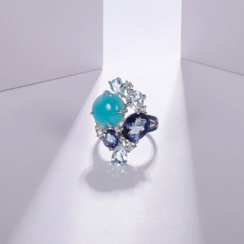 GEM'S BALLET 925 Sterling Silver Statement Rings Natural Amazonyte Blue Topaz Gemstone Candy Ring for Women Fine Jewelry